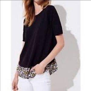 LOFT Black Floral Hem Short Sleeve Top